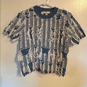 ULLA JOHNSON Blue Fringed Textured Knit Top (New without Tag)